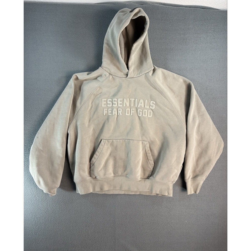 Fear Of God Essentials Hoodie Mens S Beige Fleece Pullover Logo Graphic Chest
